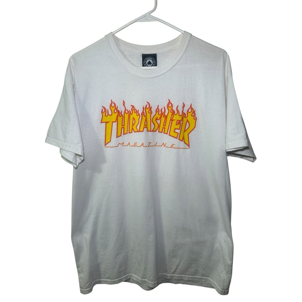 Thrasher VTG White Men's Short Sleeve Shirt Large Y2K Punk Rock Fire Casual